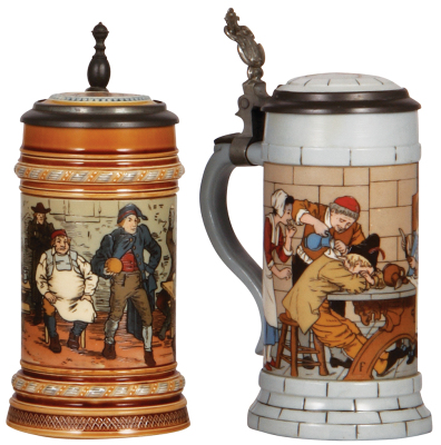 Two Mettlach steins, .5L, 1403, etched, inlaid lid, small flake on bottom rim; with, .5L, 2880, etched, inlaid lid, mint.