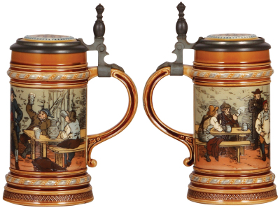 Two Mettlach steins, .5L, 1403, etched, inlaid lid, small flake on bottom rim; with, .5L, 2880, etched, inlaid lid, mint. - 2