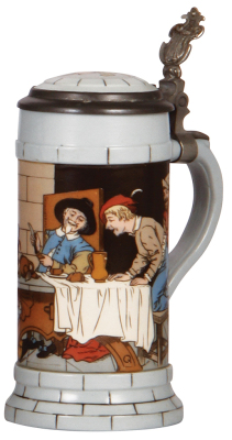 Two Mettlach steins, .5L, 1403, etched, inlaid lid, small flake on bottom rim; with, .5L, 2880, etched, inlaid lid, mint. - 3