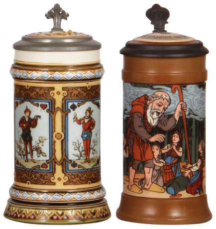 Two Mettlach steins, .5L, 1797, etched, inlaid lid is original lid, but normally found on a different Mettlach stein, mint; with, .5L, 2809, etched, by F. Quidenus, inlaid lid, mint. 