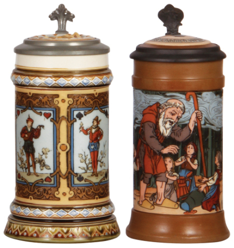 Two Mettlach steins, .5L, 1797, etched, inlaid lid is original lid, but normally found on a different Mettlach stein, mint; with, .5L, 2809, etched, by F. Quidenus, inlaid lid, mint.&nbsp;