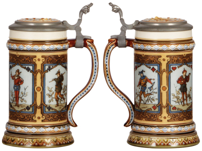 Two Mettlach steins, .5L, 1797, etched, inlaid lid is original lid, but normally found on a different Mettlach stein, mint; with, .5L, 2809, etched, by F. Quidenus, inlaid lid, mint.  - 2