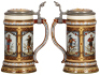 Two Mettlach steins, .5L, 1797, etched, inlaid lid is original lid, but normally found on a different Mettlach stein, mint; with, .5L, 2809, etched, by F. Quidenus, inlaid lid, mint.&nbsp; - 2