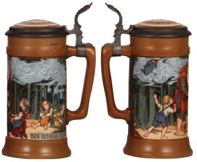 Two Mettlach steins, .5L, 1797, etched, inlaid lid is original lid, but normally found on a different Mettlach stein, mint; with, .5L, 2809, etched, by F. Quidenus, inlaid lid, mint.  - 3