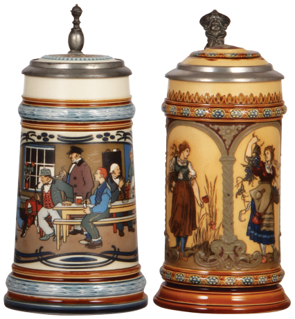 Two Mettlach steins, .5L, 2632, etched, inlaid lid, mint; with, .5L, 1972, etched, inlaid lid, mint.