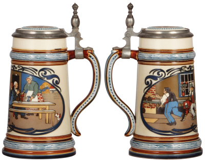 Two Mettlach steins, .5L, 2632, etched, inlaid lid, mint; with, .5L, 1972, etched, inlaid lid, mint. - 2