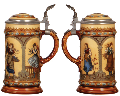 Two Mettlach steins, .5L, 2632, etched, inlaid lid, mint; with, .5L, 1972, etched, inlaid lid, mint. - 3