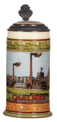 Mettlach stein, .5L, 2900, etched, Quilmes Brewery, inlaid lid, mint.