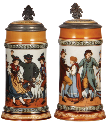 Two Mettlach steins, .5L, 1655, etched, inlaid lid, mint; with, .5L, 1656, etched, inlaid lid, mint.