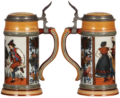 Two Mettlach steins, .5L, 1655, etched, inlaid lid, mint; with, .5L, 1656, etched, inlaid lid, mint. - 2