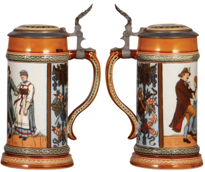 Two Mettlach steins, .5L, 1655, etched, inlaid lid, mint; with, .5L, 1656, etched, inlaid lid, mint. - 3