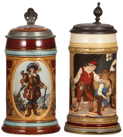 Two Mettlach steins, .5L, 1998, etched, inlaid lid, mint; with, .5L, 2282, etched, inlaid lid, mint.