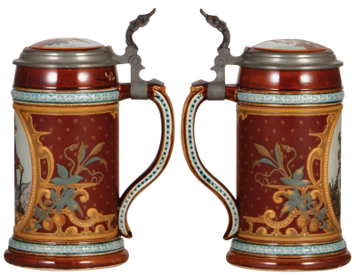 Two Mettlach steins, .5L, 1998, etched, inlaid lid, mint; with, .5L, 2282, etched, inlaid lid, mint. - 2