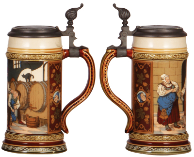 Two Mettlach steins, .5L, 1998, etched, inlaid lid, mint; with, .5L, 2282, etched, inlaid lid, mint. - 3