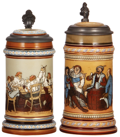 Two Mettlach steins, .5L, 1146, etched, by C. Warth, inlaid lid, mint; with, .5L, 1508, etched, inlaid lid, mint.