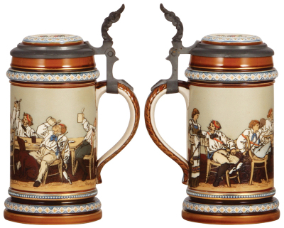 Two Mettlach steins, .5L, 1146, etched, by C. Warth, inlaid lid, mint; with, .5L, 1508, etched, inlaid lid, mint. - 2