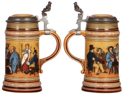 Two Mettlach steins, .5L, 1146, etched, by C. Warth, inlaid lid, mint; with, .5L, 1508, etched, inlaid lid, mint. - 3