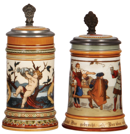 Two Mettlach steins, .5L, 1396, etched, inlaid lid, mint; with, .5L, 2028, etched, inlaid lid, mint.