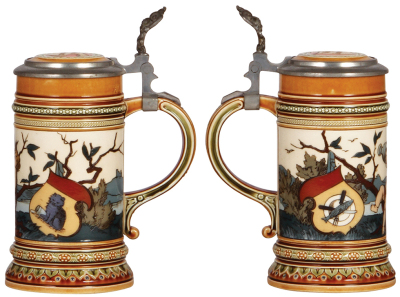 Two Mettlach steins, .5L, 1396, etched, inlaid lid, mint; with, .5L, 2028, etched, inlaid lid, mint. - 2