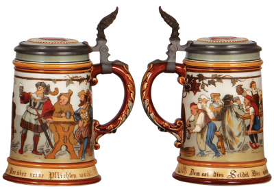 Two Mettlach steins, .5L, 1396, etched, inlaid lid, mint; with, .5L, 2028, etched, inlaid lid, mint. - 3