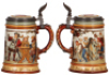 Two Mettlach steins, .5L, 1396, etched, inlaid lid, mint; with, .5L, 2028, etched, inlaid lid, mint. - 3