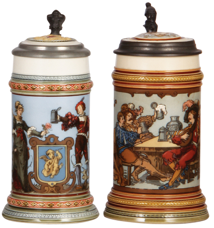 Two Mettlach steins, .5L, 1725, etched, by C. Warth, inlaid lid, mint; with, .5L, 2231, etched, inlaid lid, mint. 