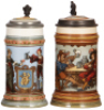 Two Mettlach steins, .5L, 1725, etched, by C. Warth, inlaid lid, mint; with, .5L, 2231, etched, inlaid lid, mint.&nbsp;