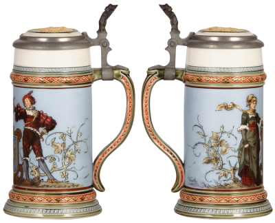 Two Mettlach steins, .5L, 1725, etched, by C. Warth, inlaid lid, mint; with, .5L, 2231, etched, inlaid lid, mint.  - 2