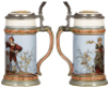 Two Mettlach steins, .5L, 1725, etched, by C. Warth, inlaid lid, mint; with, .5L, 2231, etched, inlaid lid, mint.&nbsp; - 2