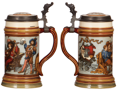 Two Mettlach steins, .5L, 1725, etched, by C. Warth, inlaid lid, mint; with, .5L, 2231, etched, inlaid lid, mint.  - 3