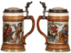 Two Mettlach steins, .5L, 1725, etched, by C. Warth, inlaid lid, mint; with, .5L, 2231, etched, inlaid lid, mint.&nbsp; - 3