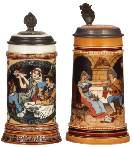 Two Mettlach steins, .5L, 2716, etched, by F. Quidenus, inlaid lid, mint; with,&nbsp;Mettlach stein, .5L, 2780, etched, inlaid lid, mint.