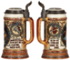 Two Mettlach steins, .5L, 2716, etched, by F. Quidenus, inlaid lid, mint; with,&nbsp;Mettlach stein, .5L, 2780, etched, inlaid lid, mint. - 2