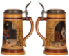 Two Mettlach steins, .5L, 2716, etched, by F. Quidenus, inlaid lid, mint; with,&nbsp;Mettlach stein, .5L, 2780, etched, inlaid lid, mint. - 3