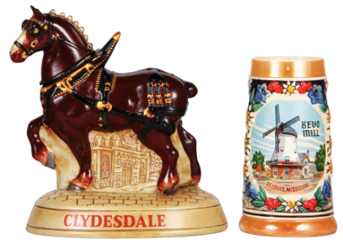 Two Anheuser-Busch items, bottle, 9.0'' ht., marked Ceramarte,&nbsp;Clydesdale, mint; with, stein, .5L, marked: Western Germany, Bevo Mill,&nbsp;St. Louis, MO, excellent condition.