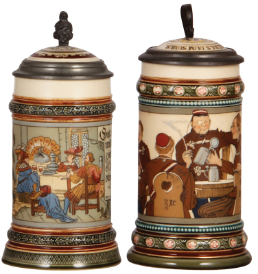 Two Mettlach steins, .5L, 2005, etched, signed H.D., inlaid lid, mint; with, .5L, 2051, etched, inlaid lid, mint.