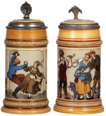 Two Mettlach steins, .5L, 1162, etched, by C. Warth, inlaid lid, mint; with, .5L, 1164, etched, inlaid lid, mint.