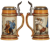 Two Mettlach steins, .5L, 1162, etched, by C. Warth, inlaid lid, mint; with, .5L, 1164, etched, inlaid lid, mint. - 2