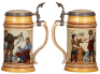 Two Mettlach steins, .5L, 1162, etched, by C. Warth, inlaid lid, mint; with, .5L, 1164, etched, inlaid lid, mint. - 3