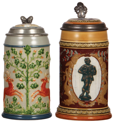 Two Mettlach steins, .5L, 2033, decorated relief, inlaid lid, mint; with, .5L, 2276, decorated relief, Nürnberg Goose Boy, inlaid lid, mint.                                     