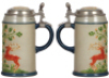 Two Mettlach steins, .5L, 2033, decorated relief, inlaid lid, mint; with, .5L, 2276, decorated relief, N&uuml;rnberg Goose Boy, inlaid lid, mint.&nbsp;&nbsp; &nbsp;&nbsp;&nbsp; &nbsp;&nbsp;&nbsp; &nbsp; &nbsp;&nbsp; &nbsp;&nbsp;&nbsp; &nbsp;&nbsp;&nbsp; &nbsp;&nbsp;&nbsp; &nbsp;&nbsp;&nbsp; &nbsp;&nbsp;&nbsp; &nbsp; - 2