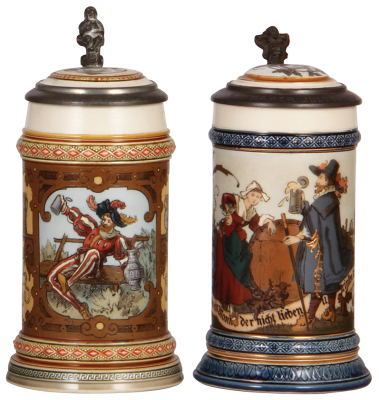 Two Mettlach steins, .5L, 1796, etched, inlaid lid, mint; with, .5L, 2230, etched, by H. Schlitt, inlaid lid, mint.