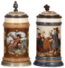 Two Mettlach steins, .5L, 1796, etched, inlaid lid, mint; with, .5L, 2230, etched, by H. Schlitt, inlaid lid, mint.