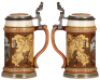 Two Mettlach steins, .5L, 1796, etched, inlaid lid, mint; with, .5L, 2230, etched, by H. Schlitt, inlaid lid, mint. - 2