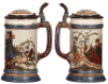 Two Mettlach steins, .5L, 1796, etched, inlaid lid, mint; with, .5L, 2230, etched, by H. Schlitt, inlaid lid, mint. - 3