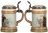 Two Mettlach steins, .25L, 1725, etched, by C. Warth, inlaid lid, mint; with .25L, 2052, etched, inlaid lid, mint. - 2