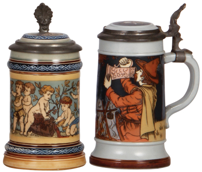 Two Mettlach steins, .25L, 2121, etched, inlaid lid mint; with, .25L, 2922, etched, inlaid lid, some interior glaze browning, otherwise mint.