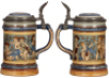 Two Mettlach steins, .25L, 2121, etched, inlaid lid mint; with, .25L, 2922, etched, inlaid lid, some interior glaze browning, otherwise mint. - 2