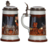 Two Mettlach steins, .25L, 2121, etched, inlaid lid mint; with, .25L, 2922, etched, inlaid lid, some interior glaze browning, otherwise mint. - 3
