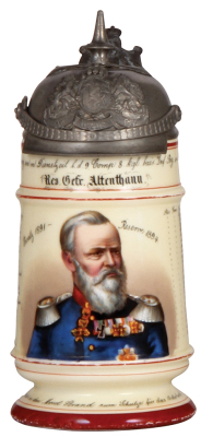 Regimental stein, .5L, 9.0" ht., porcelain, 9. Comp., bayr. Inft. Regt. Nr. 8, Metz, 1891 - 1894, no side scenes, roster, Bavarian thumblift, named to: Res. Gefr. Altenhann, original helmet lid, minor pewter tear, some color wear to red bands.